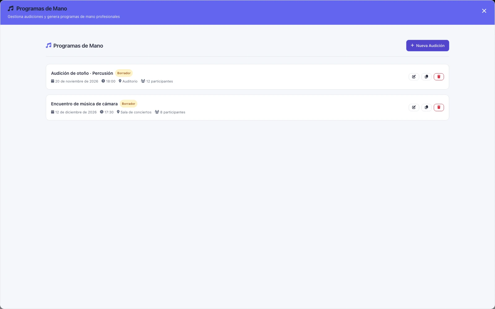 Audiciones y programas de mano: pantalla de Musideo sin nombres reales de alumnos