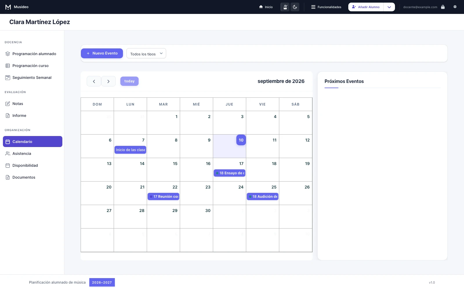 Calendario de actividades: pantalla de Musideo sin nombres reales de alumnos