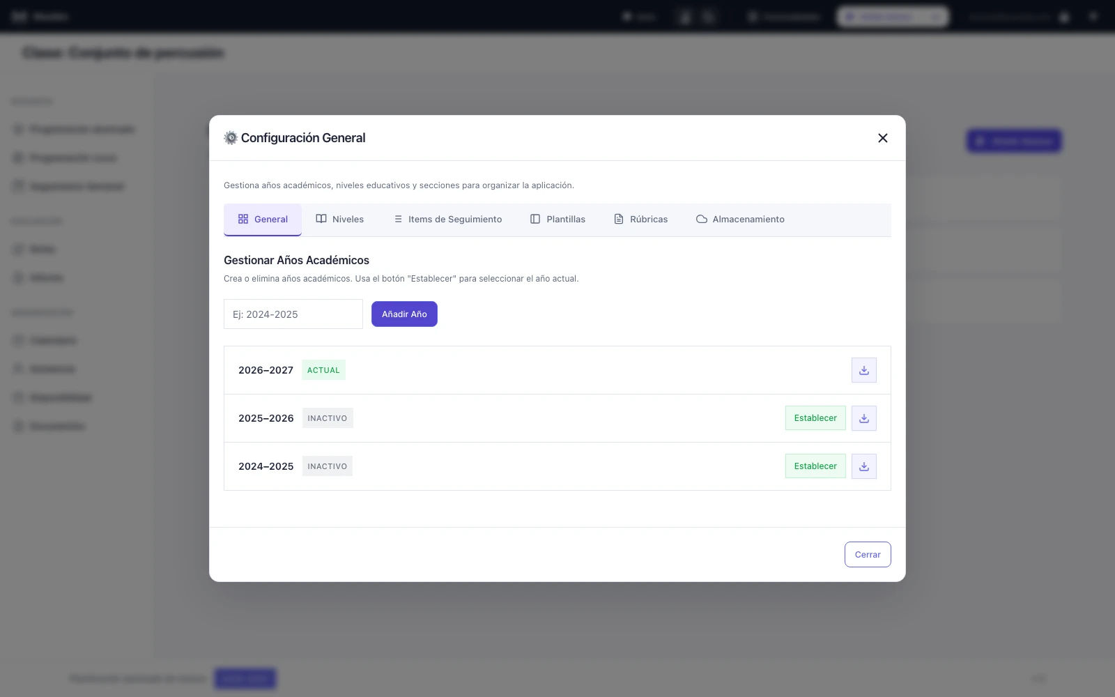 Configuración y cursos académicos: pantalla de Musideo sin nombres reales de alumnos