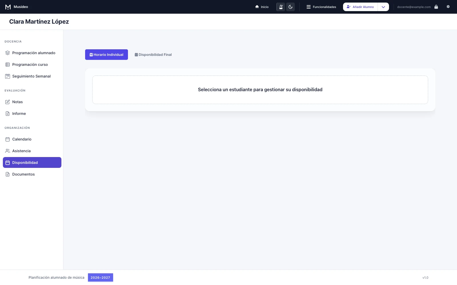 Disponibilidad del alumnado: pantalla de Musideo sin nombres reales de alumnos