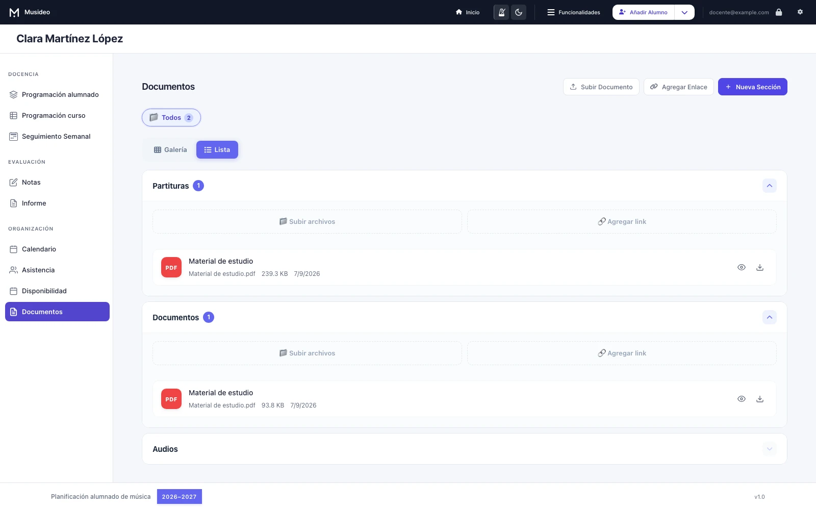 Documentos, partituras y audios: pantalla de Musideo sin nombres reales de alumnos