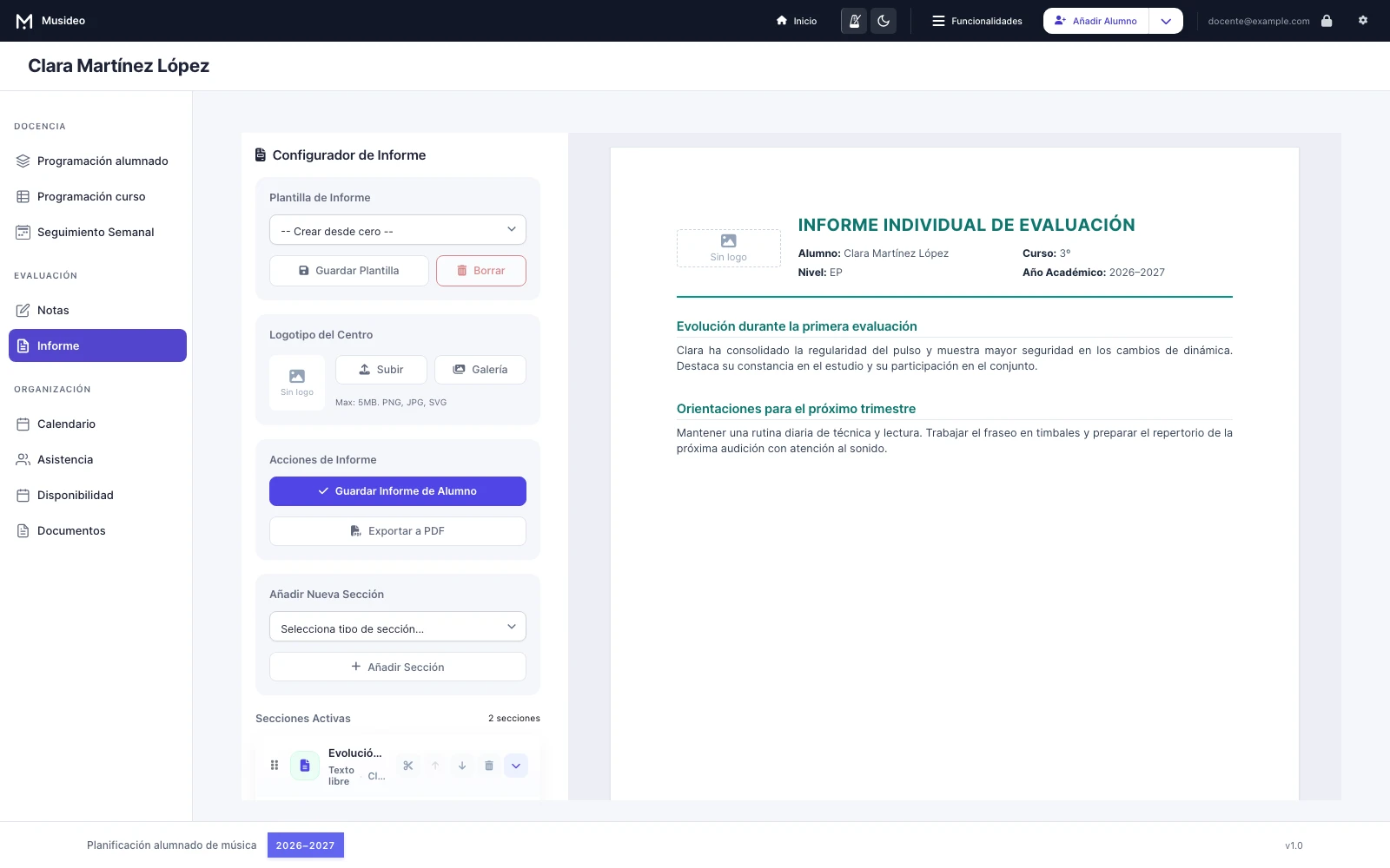 Informes individualizados: pantalla de Musideo sin nombres reales de alumnos