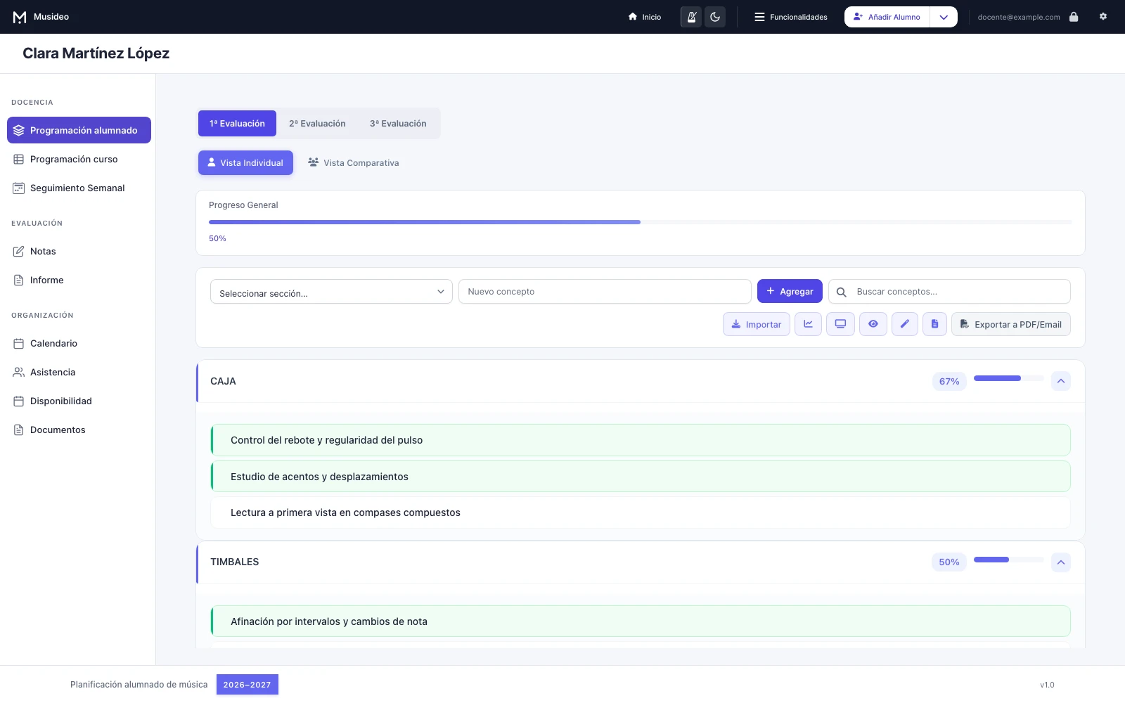 Programación del alumnado: pantalla de Musideo sin nombres reales de alumnos