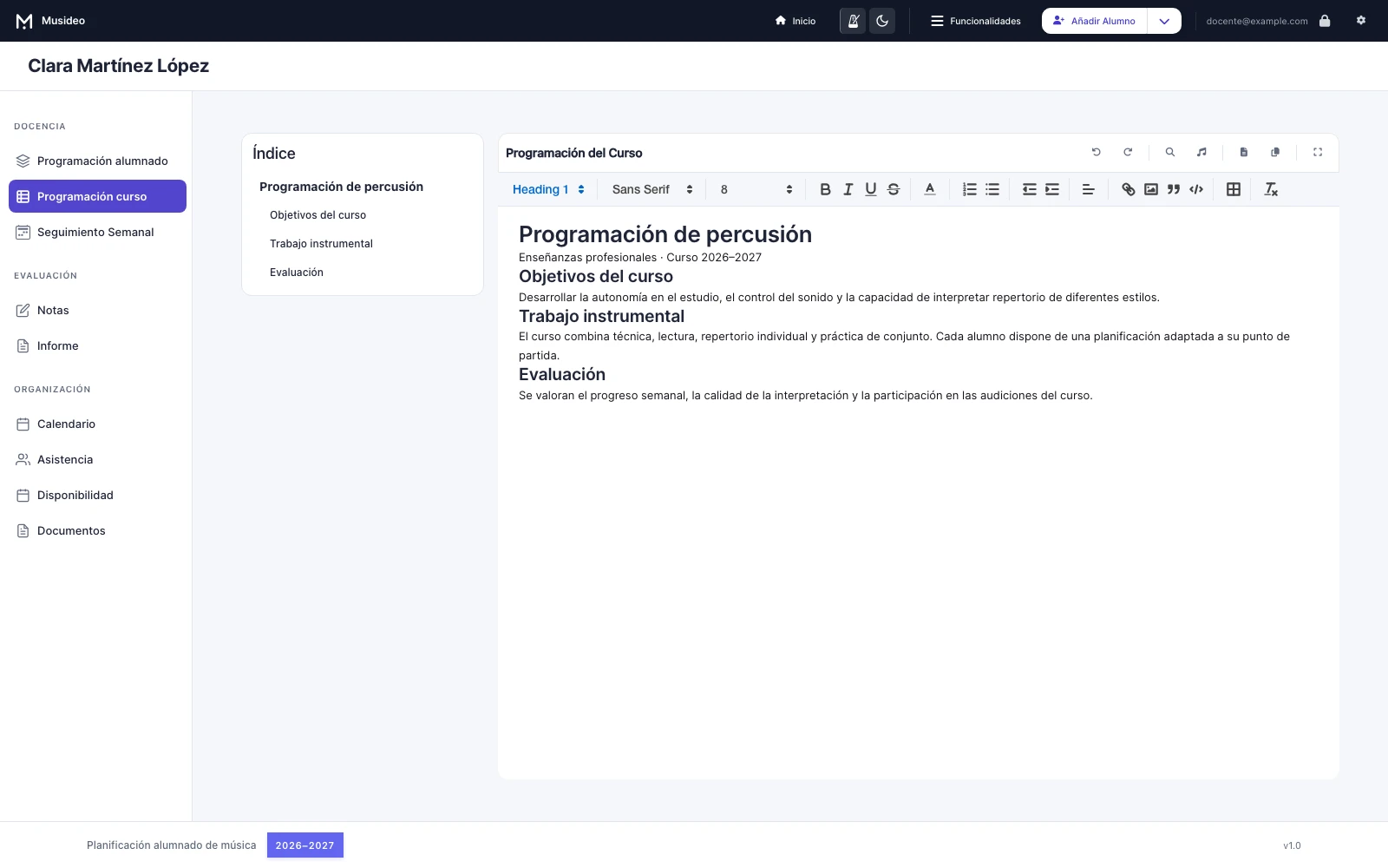 Programación del curso: pantalla de Musideo sin nombres reales de alumnos