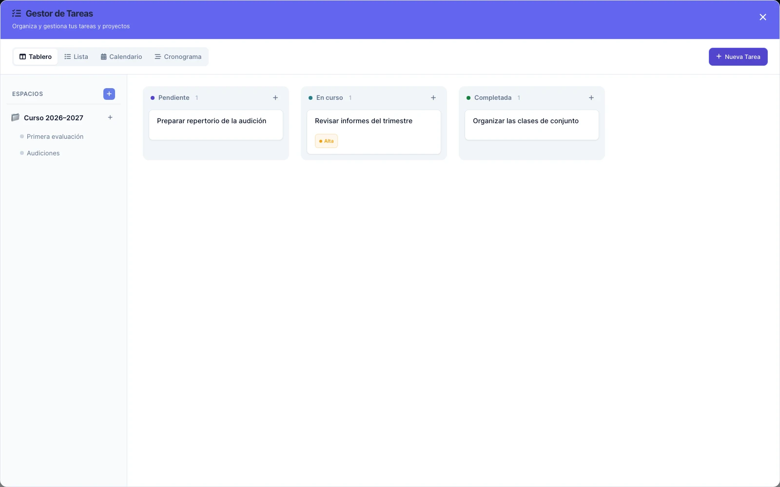 Tareas y proyectos: pantalla de Musideo sin nombres reales de alumnos